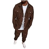 Sinzelimin Mens Casual Set Fashion Multi-Pockets Cargo Jacket and Wide Leg Pant 2 Piece Suit Loose Comfy Tracksuit Suit Coffee 3X-Large