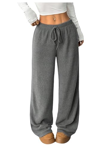 OYOANGLE Women's Ribbed High Waisted Lounge Trousers Knit Comfy Drawstring Waist Wide Leg Pants Grey Large