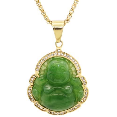 Stainless Steel Good Luck Laughing Buddha Created Imitation Jade Pendant Necklace (Gold Green)