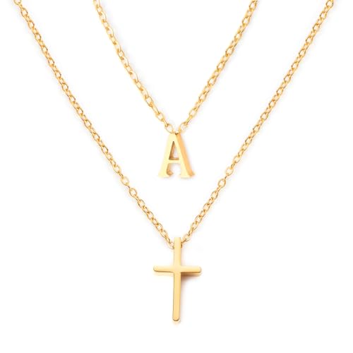 Layered Initial and Cross Necklaces for Women Dainty Christian Jewelry Personalized Name Necklace Christian Gift for Her Elegant 18k Gold Plated Initial Necklace for Women