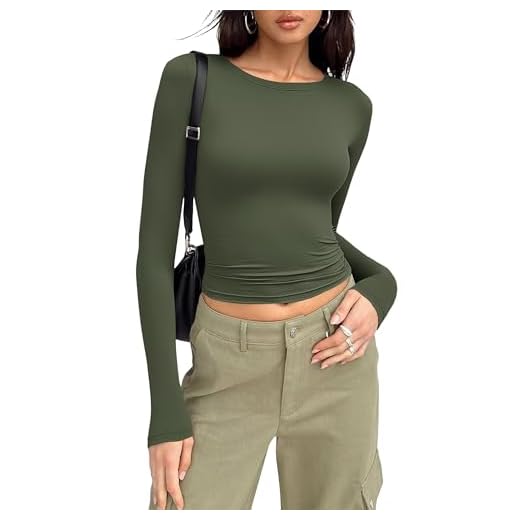 MOLERANI T-Shirt à Manches Longues pour Femme Crop Slim Fit - Haut Court Moulant Col Rond Décontracté Y2K Vert Militaire M