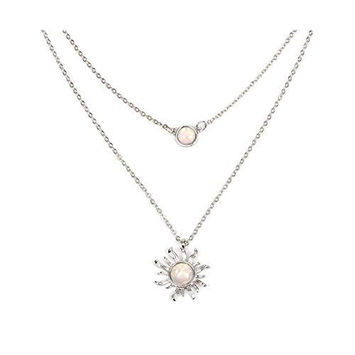 Aineecy Double Layer Opal Sun Sunflower Necklace Pendant Layered Geometric Imitate Opal Sun Disc Statement Necklace for Women Teen Girls Jewelry (Silver)