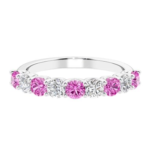 14k White Gold Lab Grown Pink Sapphire and Diamond Nine-Stone Half Eternity Ring, 1.70 Carat, September Birthstone, Anniversary Wedding Band, Birthday Gift for Women w/ Jewelry Box, Size 8