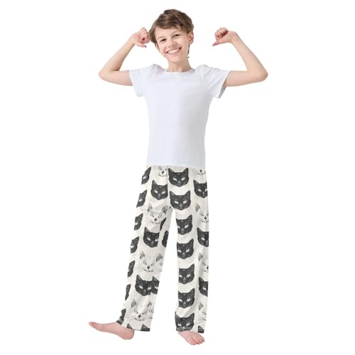 Boys' Pants Cute Black White Cat Face Long Bottoms Jogger Pants Elastic Waist Trousers with Pockets S-XL2