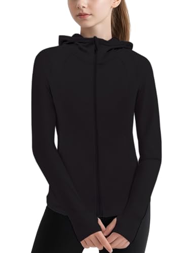 LIONJIE Girls Lightweight Jacket Long Sleeve Zip Up Athletic Hoodie Top Fishing Hiking Sun Protection Outwear, Black-1, 12-13 Years