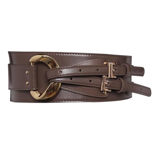 Women Double Buckle Obi Belt for Dress Wide Leather Waistband Belt for Blouse D Ring Cinch Belts for Sweater