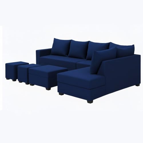Image of FURNY Gloria 8 Seater Fabric RHS L Shape Sofa Set with 1 Centre Table & 2 Puffy (Dark Blue) Premium Velvet Finish | Ideal of Living Room