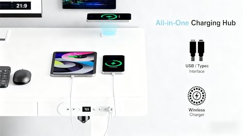 Image of H25 Electric Height Adjustable Desk with Wireless Charging, USB & Type-C Ports,Child Safety Lock|Drawer|Sit-Stand Office Table, White,3-Year Warranty- Free Virtual Installation Guide