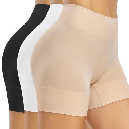 SIMIYA Radlerhose Damen Kurz Unterhosen Unter Kleid Shorts High Waist Kurze Hose Nahtlose Hotpants Sommer Boxershorts Slip Shorts 3er Pack,Schwarz+Beige+Weiß,S