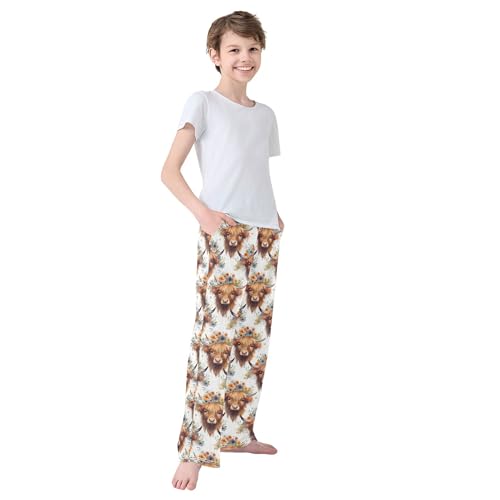 Cute Highland Cow Pattern Long Pajama Pants Elastic Waist PJ Bottoms with Pockets S A113320 7