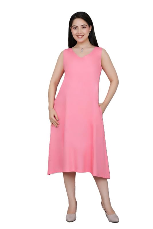 A-Line Fit V-Neck Sleeveless Midi Dress with Pockets for Women | Rayon Solid Midi Dresses for Summer and Office Look | Breathable Flare A-Line Dress for Casual Outings-image-1