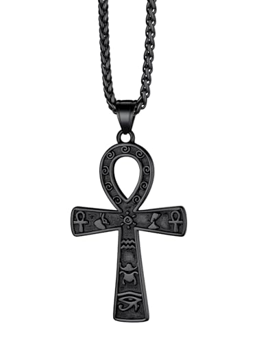 Stainless Steel/Gold/Black Plated Ankh Cross Pendant Necklace for Men Women with Wheat Chain Religious Jewelry(with Gift Box)