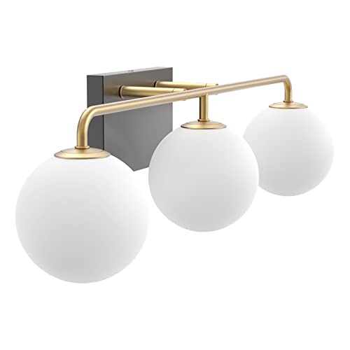 Image of Tipace Mid Century Modern Gold 3-Lights Vanity Light Fixtures with Milky White Glass Ball Shades Industrial Vanity Lighting Over Mirror Wall Sconces for Bathroom Dressing Table Bedroom(Exclude Bulb)