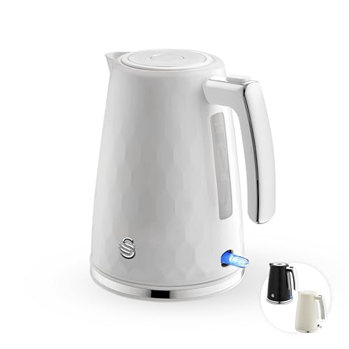 Swan Hexton 1.7L Electric Kettle, 3KW Rapid Boil, Flip Top Lid, Removable Limescale Filter, 360-Degree Base, Cord Storage, White with Chrome Accents, SK19038WHT