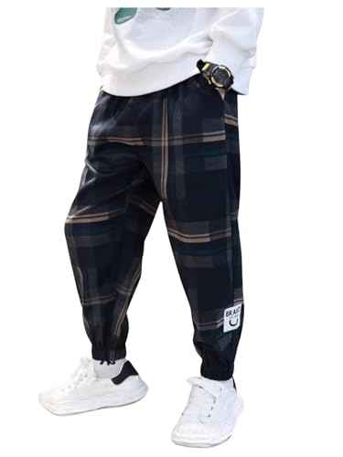SweatyRocks Boy's Casual Plaid Pants Elastic High Waist Joggers Pants with Pockets