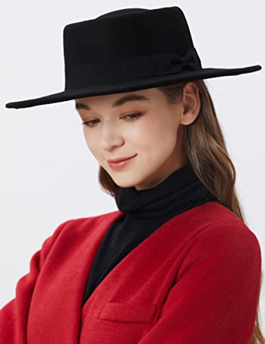 Porsyond Wide Brim Felt Fedora Hat Men Women Panama Jazz Hat Trilby Hat With Bowknot Band (Black) #TOP1