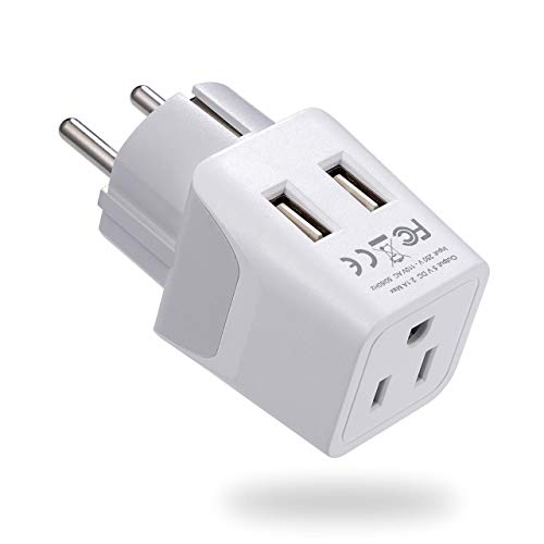 Image of Ceptics Schuko, Germany, France, Spain Travel Adapter Plug with Dual USB - USA Input Type E /F - Ultra Compact Perfect for Cell Phones, Laptop, Camera Chargers, iWatch, iPad, iPhone and More (CTU-9)
