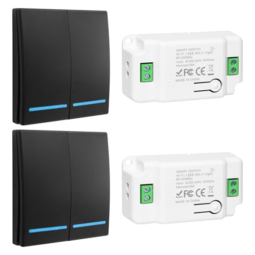 Interrupteur sans Fil, Interrupteur d'éclairage sans fil, RF 433Mhz Interrupteur va et Vient sans Fil et contrôleur 10A, installation facile, portée de 100 m - ‎2 interrupteurs noirs et 2 récepteurs
