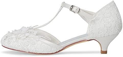 JIAJIA 01143 Women's Bridal Shoes Closed Toe T-Strap 1.8'' Low Heel Lace Satin Pumps Flowers Imitation Wedding Shoes Colour Ivory,Size 10.5 B(M) US/42 EU | Image 3