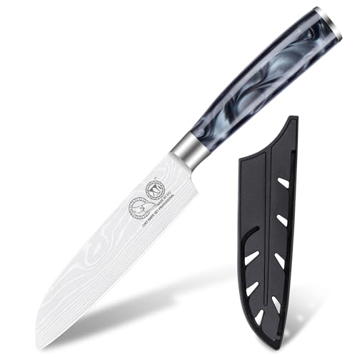 XYJ Authentique depuis 1986, Couteau Santoku japonais en acier inoxydable, 5 pouces, tranchant comme un rasoir, couteau de cuisine à motif Damas laser, couteau de cuisine à motif de viande, couteau à