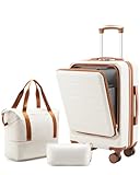 YOETEY Carry On Luggage 22x14x9 Airline Approved, 20' Hardside Suitcase with Front Pocket for Laptop, Lightweight Spinner Luggage with TSA Lock & Matching Tote Bag (3 Piece Sets, White)