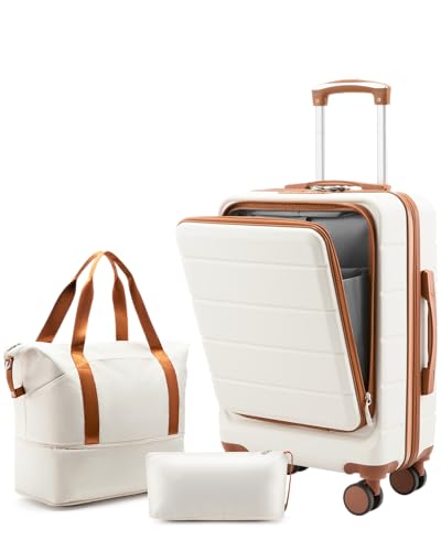 YOETEY Carry On Luggage 22x14x9 Airline Approved 20 Hardside Suitcase with Front Pocket Lightweight Spinner Luggage with TSA Lock & Matching Tote Bag (3 Piece Sets White)