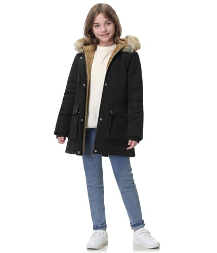 Vancavoo Winterjacke Mädchen Winter Jacke Teenager Wintermantel Länge Steppjacke Warmer Parka Kinder Mantel Kinderjacken mit Kapuze Outdoor,Schwarz,135-145CM