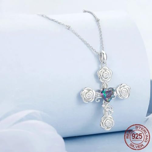 Pendentif collier croix argent contre le ternissement, chaîne rétro rose chic - 3
