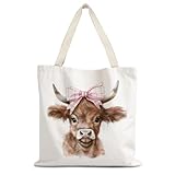 LUVADIAN Cow Tote Bag,Gifts for Women Cow Lovers, Cute dairy Cattle Gifts, Cowgirl Gift, Western Pink Bow Cattle Canvas Tote Bags for Women, Reusable Grocery Bags Shopping Bags