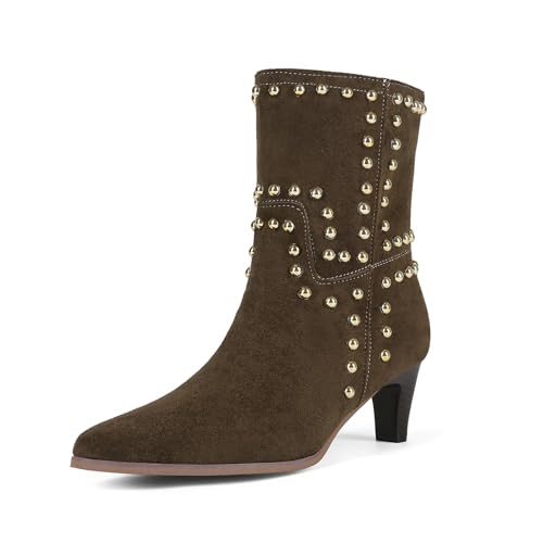 baobeijiadao Ankle Boots for Women Pointed Toe Low Kitten Heel Booties Slip On Rivet Boots