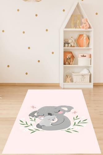Pelangi Koala ve Yavru Koala Hayvan Desenli Yıkanabilir kaymayı önleyici Taban Leke Tutmaz Çocuk Odası Halısı; Pembe-Gri 180 x 300,9076420233180300