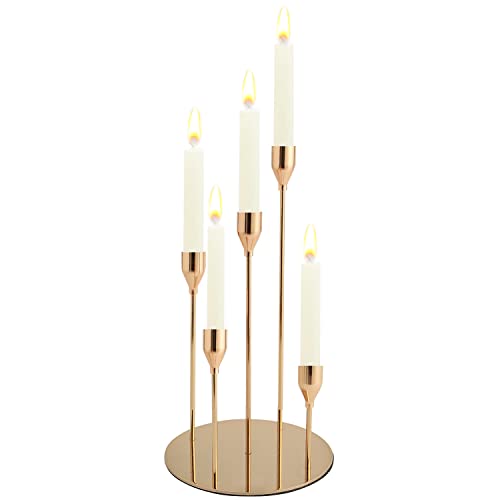 Laurraine Metall fünf Arm Kerzenständer, verjüngte Kerze Kerzenständer, Tischplatte hohe Kerzenständer, für Abendessen, Hochzeit, Party, Familiendekoration, 25cm Basis (Gold) Cover