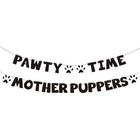 Pre-Strung Let's Pawty Dog Birthday Party Supplies - Pawty Time Mother Puppers - Funny Gold Glitter Puppy Dog Birthday Banner For Party Decorations Girl Boy - Cute Puppy Pets Paw Pennant Sign Deco (Black) Cover