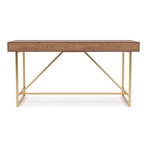 Homes: Inside + Out Lizon Modern 3-Drawer Wood Writing Desk, Makeup Dressing Table For Bedroom, Study Room, Home Office, 60-Inch, Light Walnut Brown And Gold #TOP4