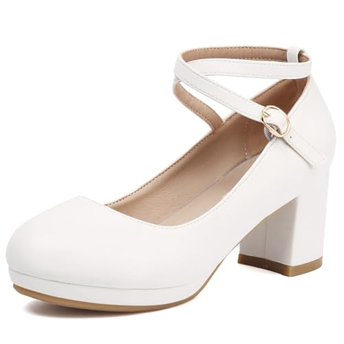 Zapatos de Tacón de Bloque para Mujer con Plataforma Vestido Tacón Medio Zapatos-240085 Blanco Talla 39 EU/40Cn