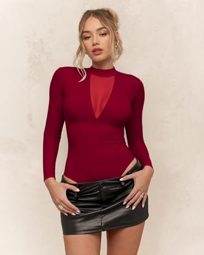Image of Mangopop Women' Long Sleeve Ribbed Bodysuit Jumpsuits