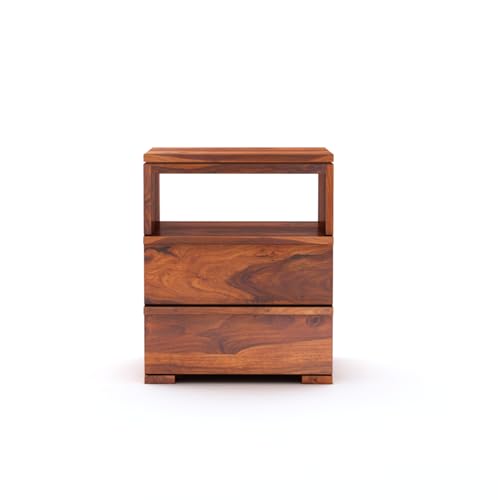 Image of Sheesham Wood Bedside End Table with 2 Drawers and Open Shelf Storage for Bedroom Living Room Wooden Furniture Side Table for Hotel Room Office -(Honey Finish)
