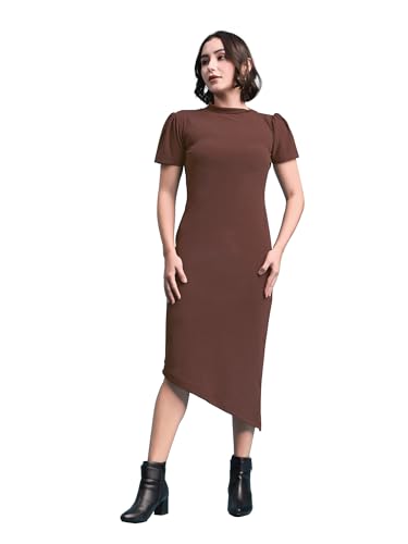 Image of PURVAJA Women's Bodycon Midi Short Sleeve High Neck Solid Dress