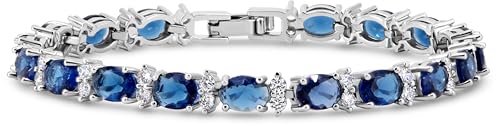 KEZEF Tennis Bracelets For Women - Cubic Zirconia - Oval 7x5mm Blue Sapphire Gemstones - Round 2.50mm White CZ - Silver Plated Brass - 7 Inch - Hypoallergenic Bracelets