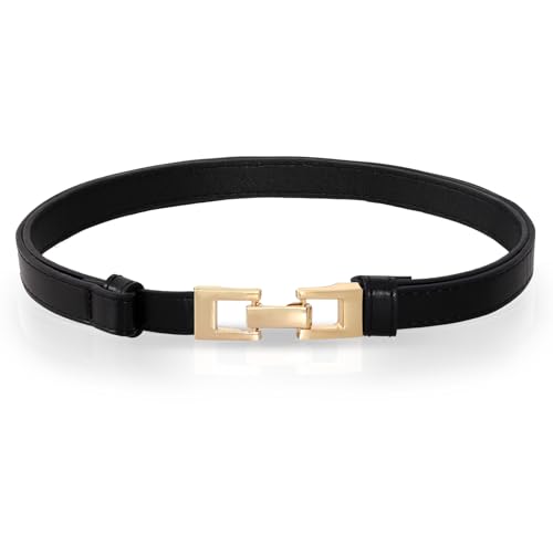 hoyuwak Women's Belts - Adjustable Thin Belt for Women with Gold Buckle, 0.6 Inch Slim Waist Belt for Dresses, Jeans & Office Wear (Recommended waist circumference 21.6-31.5 Inches, Black)