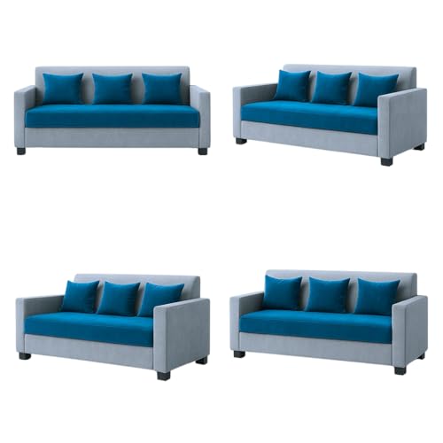 Image of Furny Lexman 5 Seater Fabric 3+1+1 Sofa Set (Aqua Blue-Light Grey) | Soft Velvet Fabric | Modern Design | Comfortable Seating | Living Room Furniture