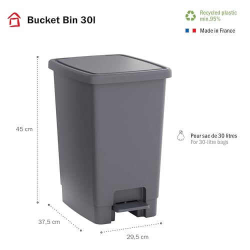 Image of Sundis Bucket Bin, 30L Pedal Bin, Removable Bucket, Rectangular, Recycled Plastic, Grey, for Kitchen, Office, Laundry, Workshop, Bathroom