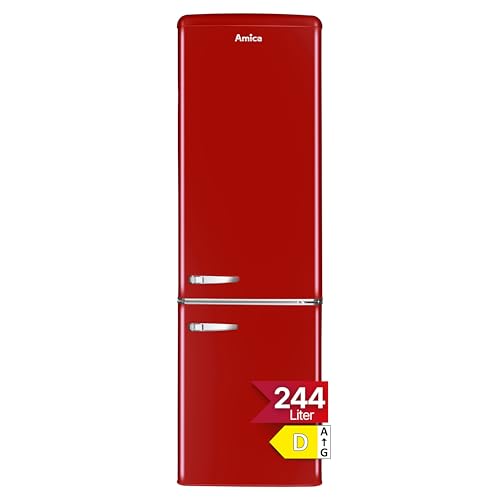 Amica Retro Kühl‑Gefrierkombination freistehend 244 l automatische Abtauung Sicherheitsglas Chrom‑Flaschengitter LED‑Beleuchtung 181 x 55 x 61,5 cm – Kuehlschrank Freistehend Rot