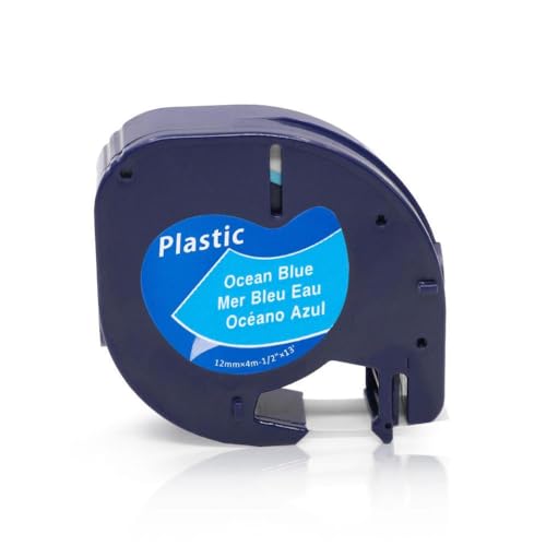 91200�݊����̂��郉�x���e�[�v12mm���̔���LT100H���x���t���}�V��91203���x���v�����^�[�e�[�v�œ��삷��(Black on Ocean Blue)