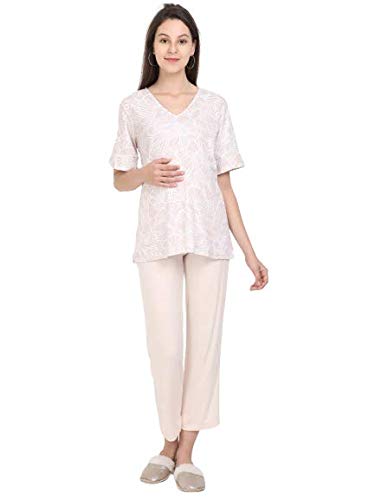 The Mom Store Maternity and Nursing Cotton Night Suit Set | Combo of Top and Pajama | 100% Cotton | Comfortable | Loungewear | Cozy |