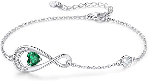 ETEVON Infinity Love Heart Charm Bracelet for Girls Women 925 Sterling Silver Dainty Link Birthstone Bracelets Mother's Day Birthday Jewelry Gifts for Her Sister Wife Mom Emerald Green Birth stone May