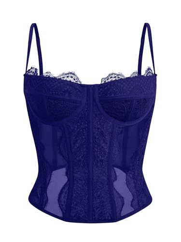 Image of Dealmore Corset Tops for Women Going Out Fall Fashion Crop Sexy Lace Outfit | Y2k Spaghetti Strap Tank, Date Night Mesh Bustier, Party Lingerie, Concert Club Festival Clothes, Trendy Cami