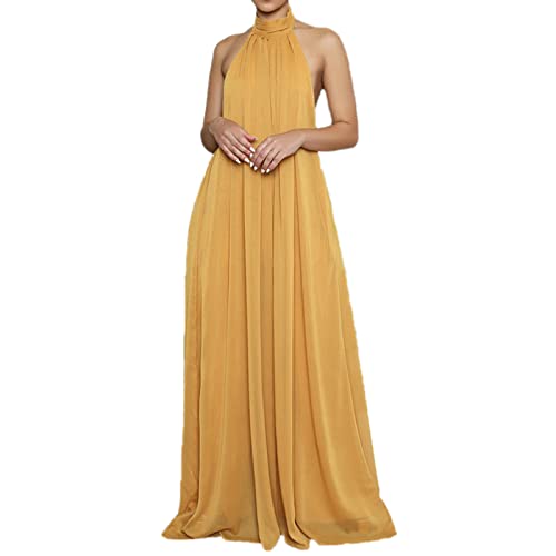 Lisa Colly Women Sexy Casual Clubwear Wide Leg Jumpsuits Halter Sleeveless Party Chiffon Pants Long Rompers (Yellow, X-Large) #TOP18