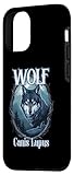 Hülle für iPhone 15 Pro Wolf Canis Lupus mit Holzrahmen und Bergblick Design