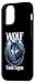 Hülle für iPhone 15 Pro Wolf Canis Lupus mit Holzrahmen und Bergblick Design